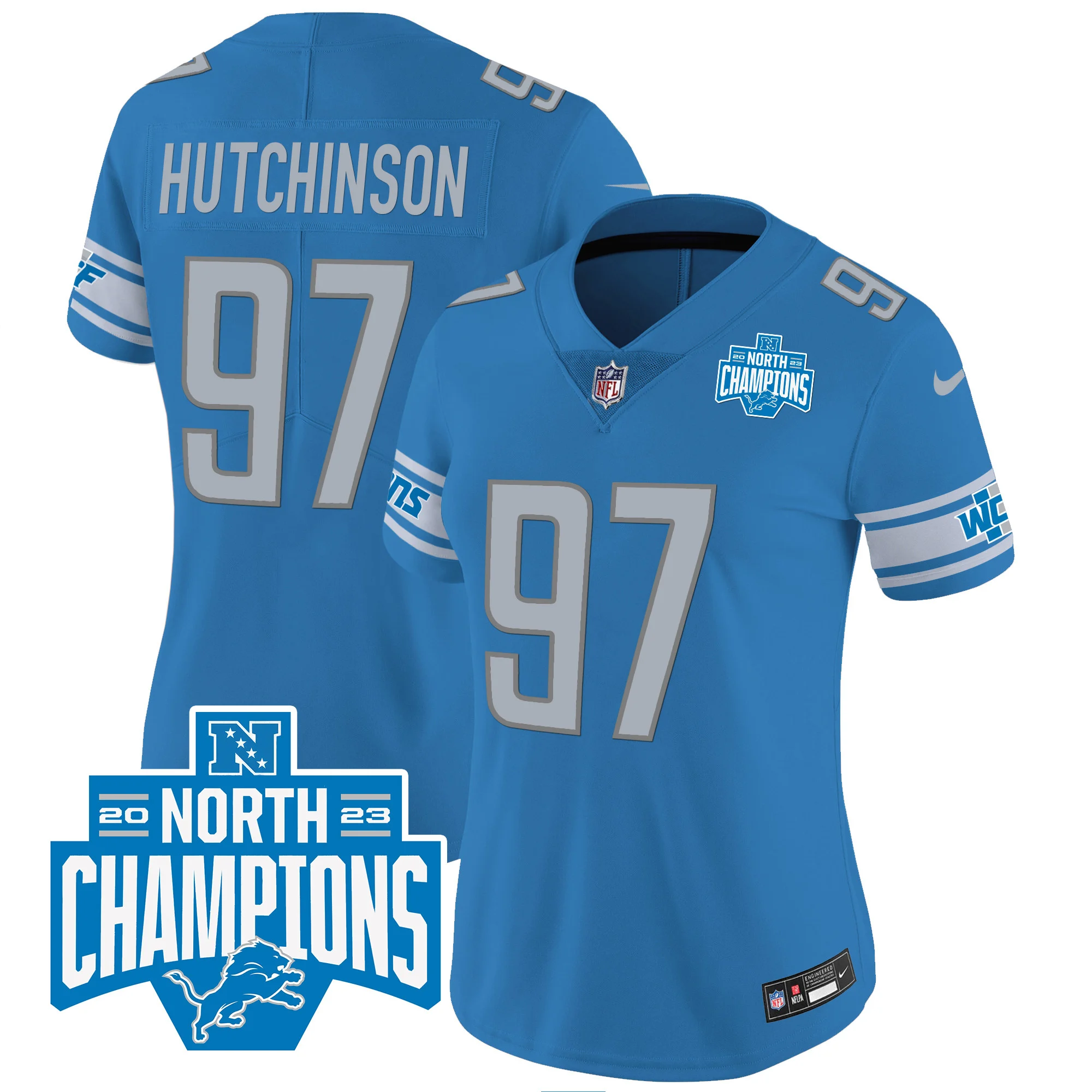 Womens Detroit Lions 2023 NFC North Division Champions Patch Vapor Jersey Hutchinson Jersey Blue