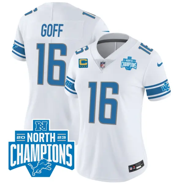 Womens Detroit Lions 2023 NFC North Division Champions Patch Vapor Jersey Jared Goff Jersey White