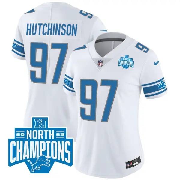 Womens Detroit Lions 2023 NFC North Division Champions Patch Vapor Jersey Hutchinson Jersey White