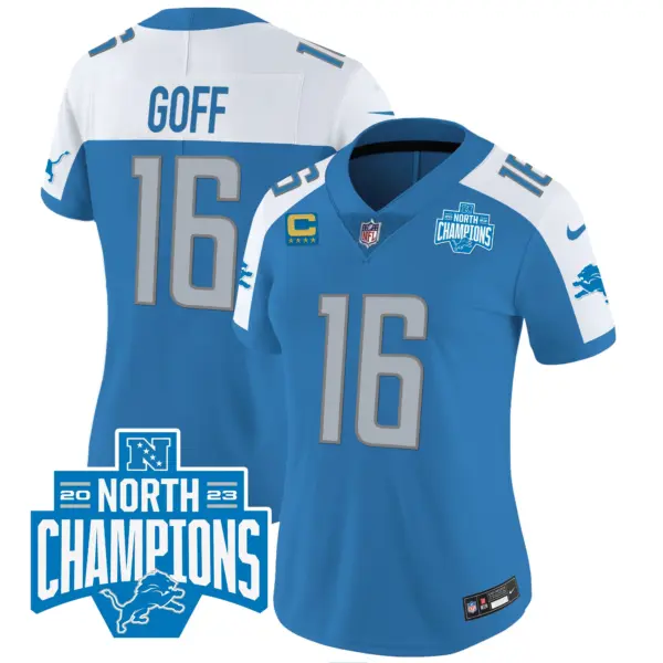 Womens Detroit Lions 2023 NFC North Division Champions Patch Vapor Jersey Jared Goff Jersey Blue Alternate