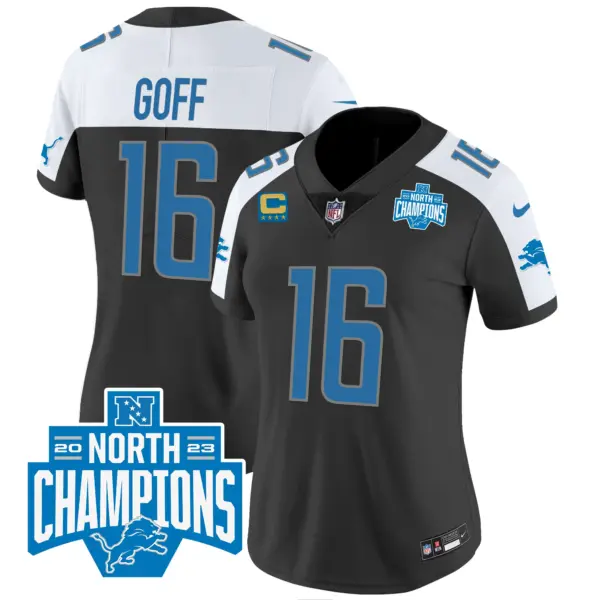 Womens Detroit Lions 2023 NFC North Division Champions Patch Vapor Jersey Jared Goff Jersey Black Alternate