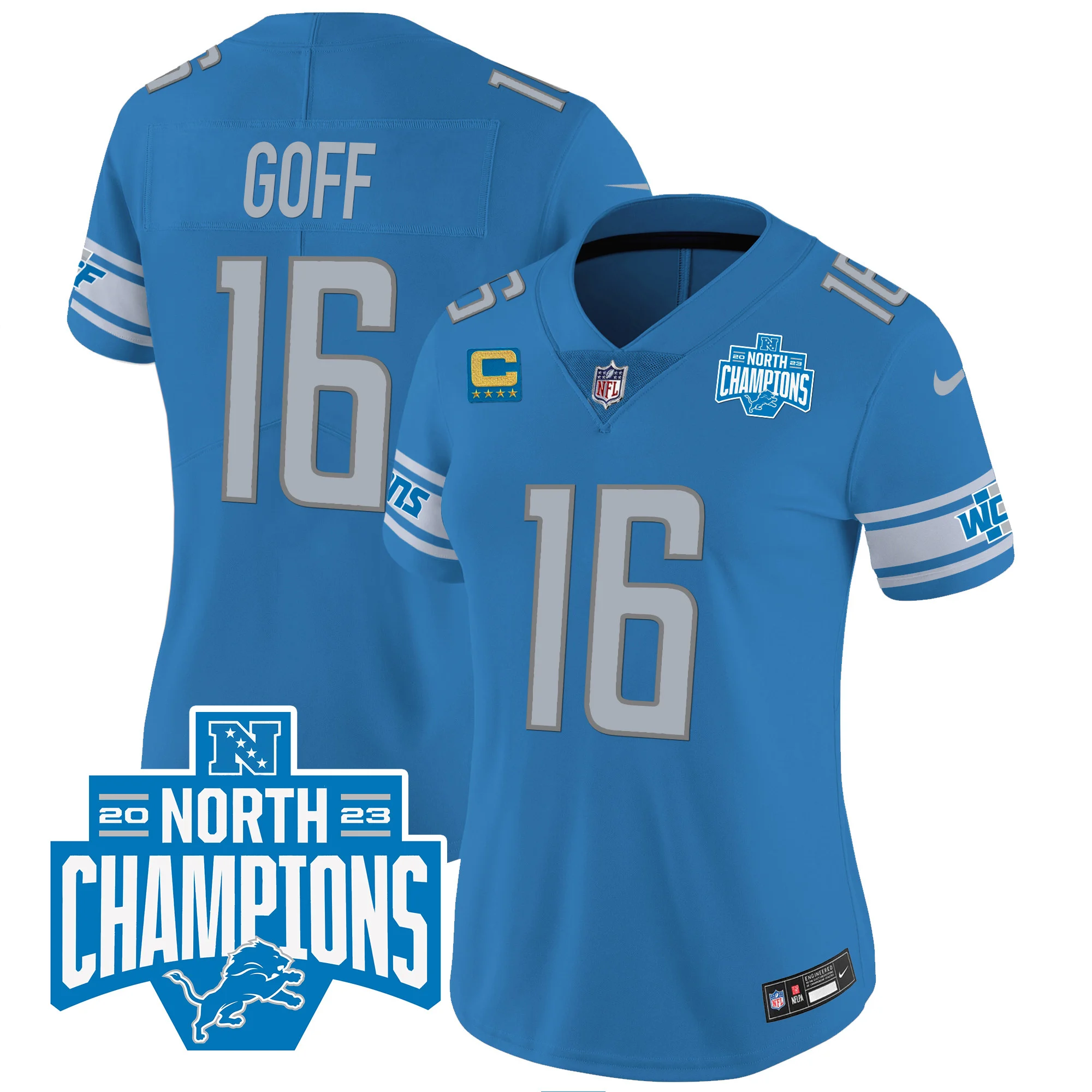 Womens Detroit Lions 2023 NFC North Division Champions Patch Vapor Jersey Jared Goff Jersey Blue