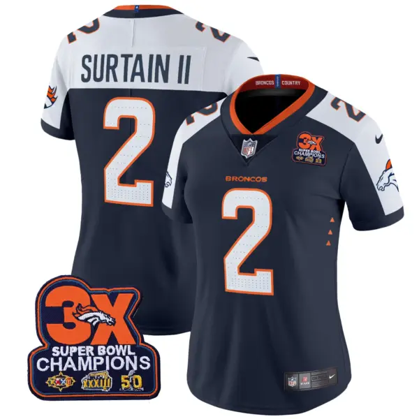 Womens Denver Broncos 3 Time Champions Patch Vapor Limited Jersey Patrick Surtain II Jersey Navy Alternate