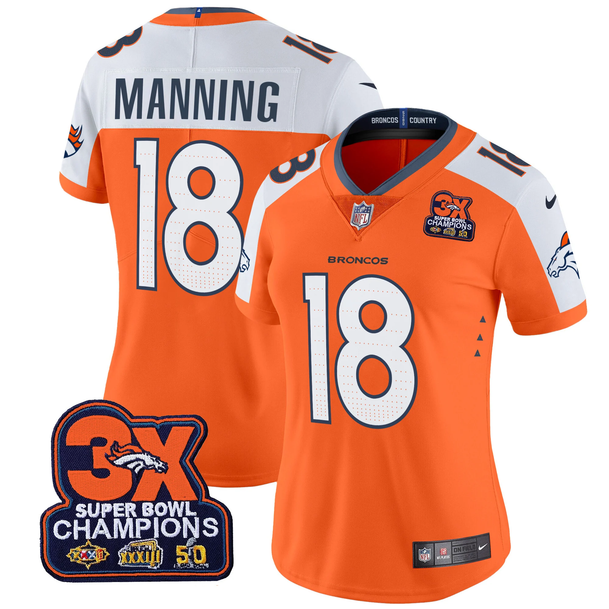 Womens Denver Broncos 3 Time Champions Patch Vapor Limited Jersey Peyton Manning Jersey Orange Alternate