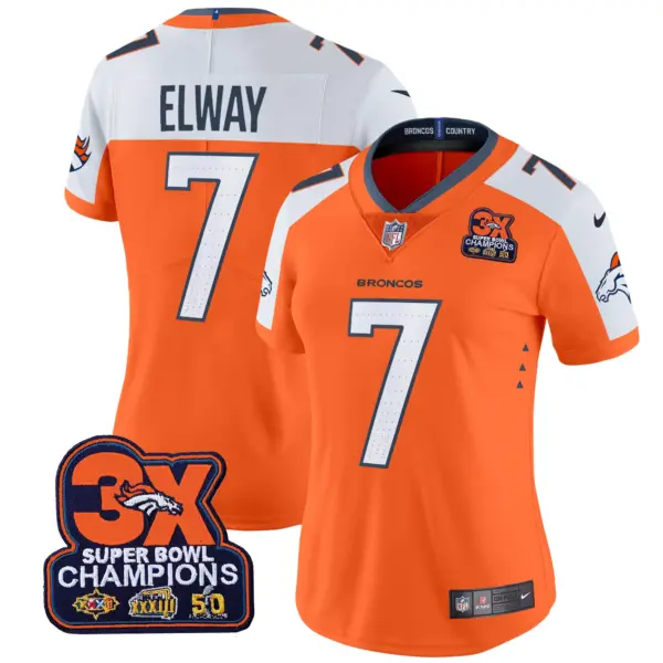 Womens Denver Broncos 3 Time Champions Patch Vapor Limited Jersey John Elway Jersey Orange Alternate