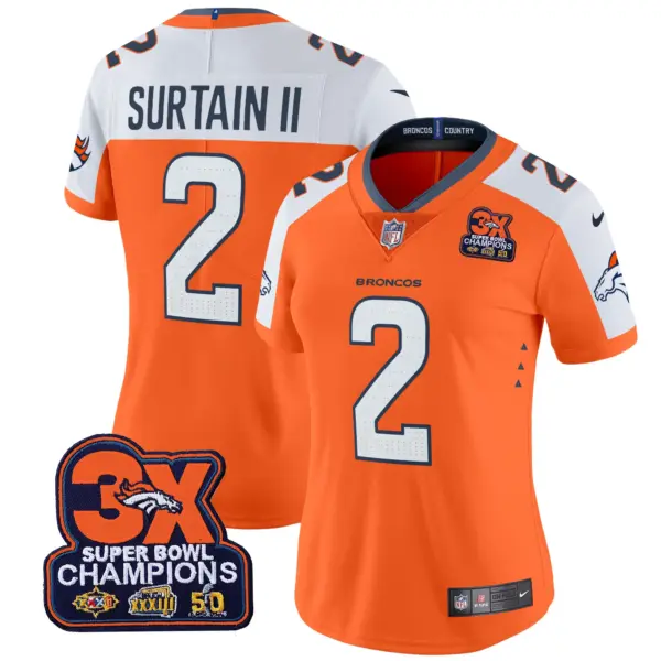 Womens Denver Broncos 3 Time Champions Patch Vapor Limited Jersey Patrick Surtain II Jersey Orange Alternate