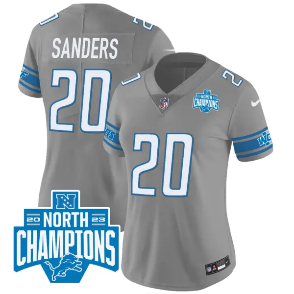Womens Detroit Lions 2023 NFC North Division Champions Patch Vapor Jersey Barry Sanders Jersey Gray