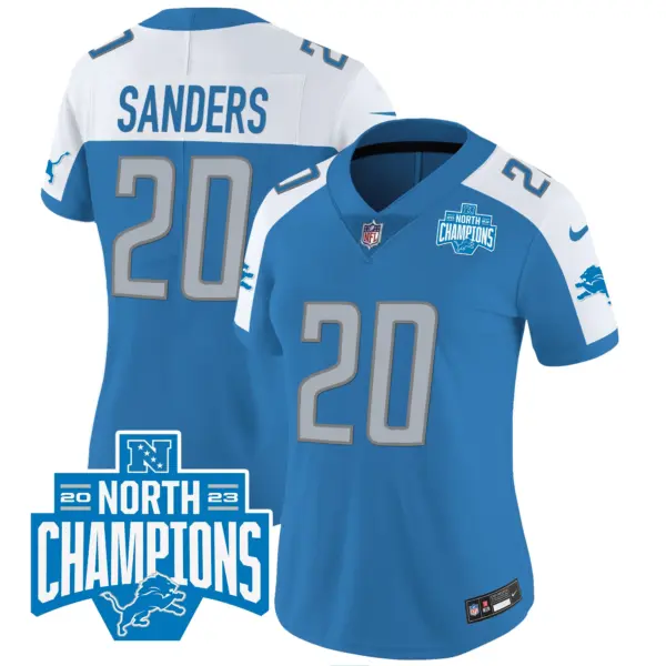 Womens Detroit Lions 2023 NFC North Division Champions Patch Vapor Jersey Barry Sanders Jersey Blue Alternate