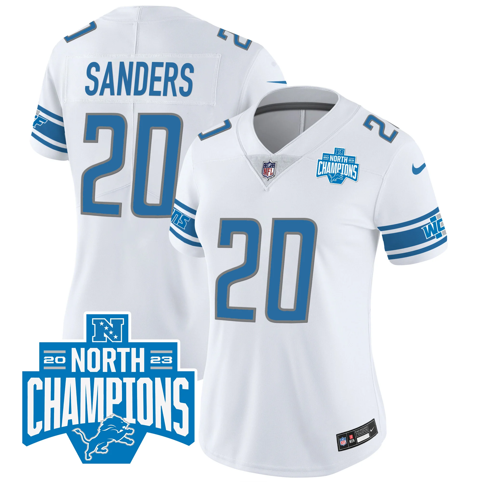 Womens Detroit Lions 2023 NFC North Division Champions Patch Vapor Jersey Barry Sanders Jersey White