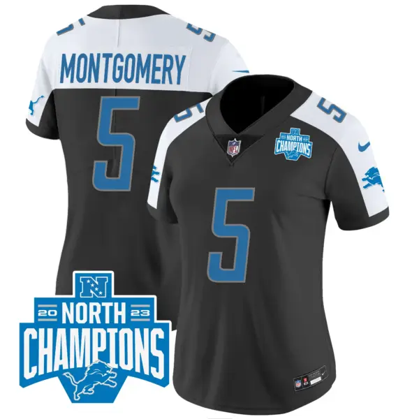 Womens Detroit Lions 2023 NFC North Division Champions Patch Vapor Jersey David Montgomery Jersey Black Alternate