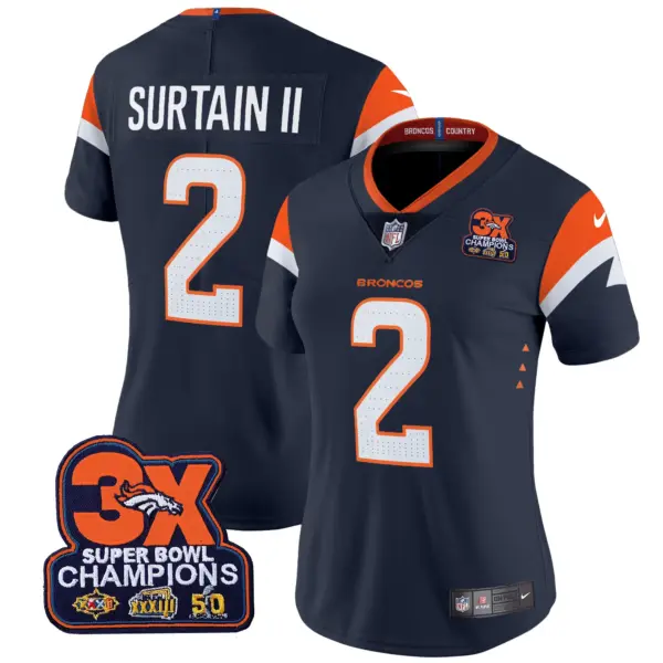 Womens Denver Broncos 3 Time Champions Patch Vapor Limited Jersey Patrick Surtain II Jersey Navy