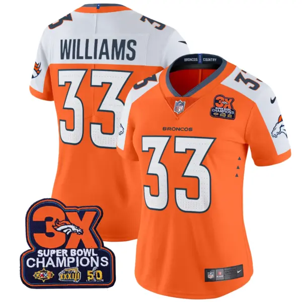 Womens Denver Broncos 3 Time Champions Patch Vapor Limited Jersey Javonte Williams Jersey Orange Alternate