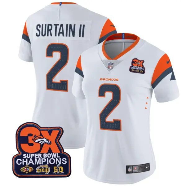 Womens Denver Broncos 3 Time Champions Patch Vapor Limited Jersey Patrick Surtain II Jersey White