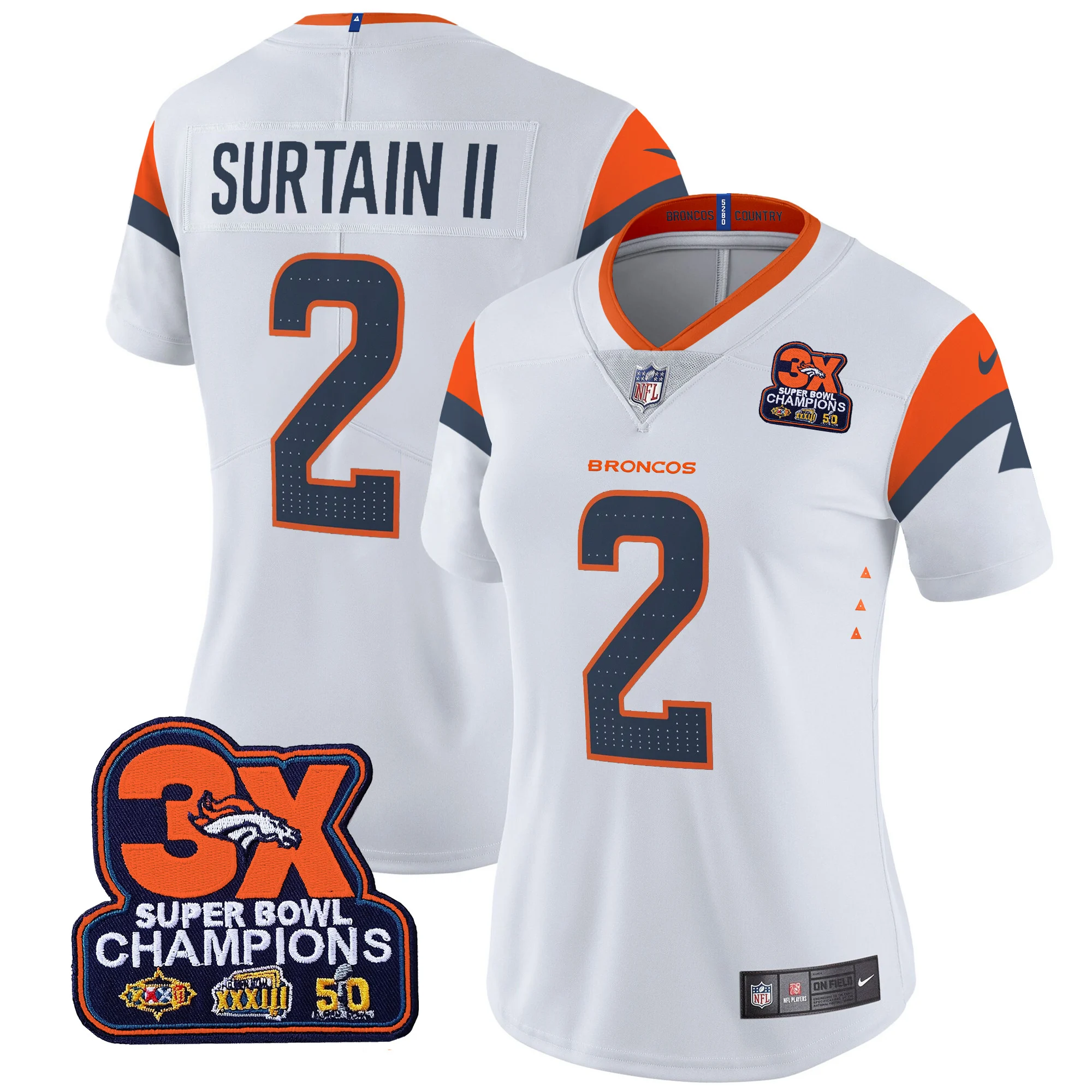 Womens Denver Broncos 3 Time Champions Patch Vapor Limited Jersey Patrick Surtain II Jersey White
