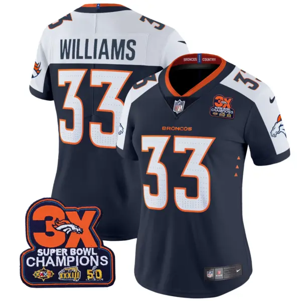 Womens Denver Broncos 3 Time Champions Patch Vapor Limited Jersey Javonte Williams Jersey Navy Alternate