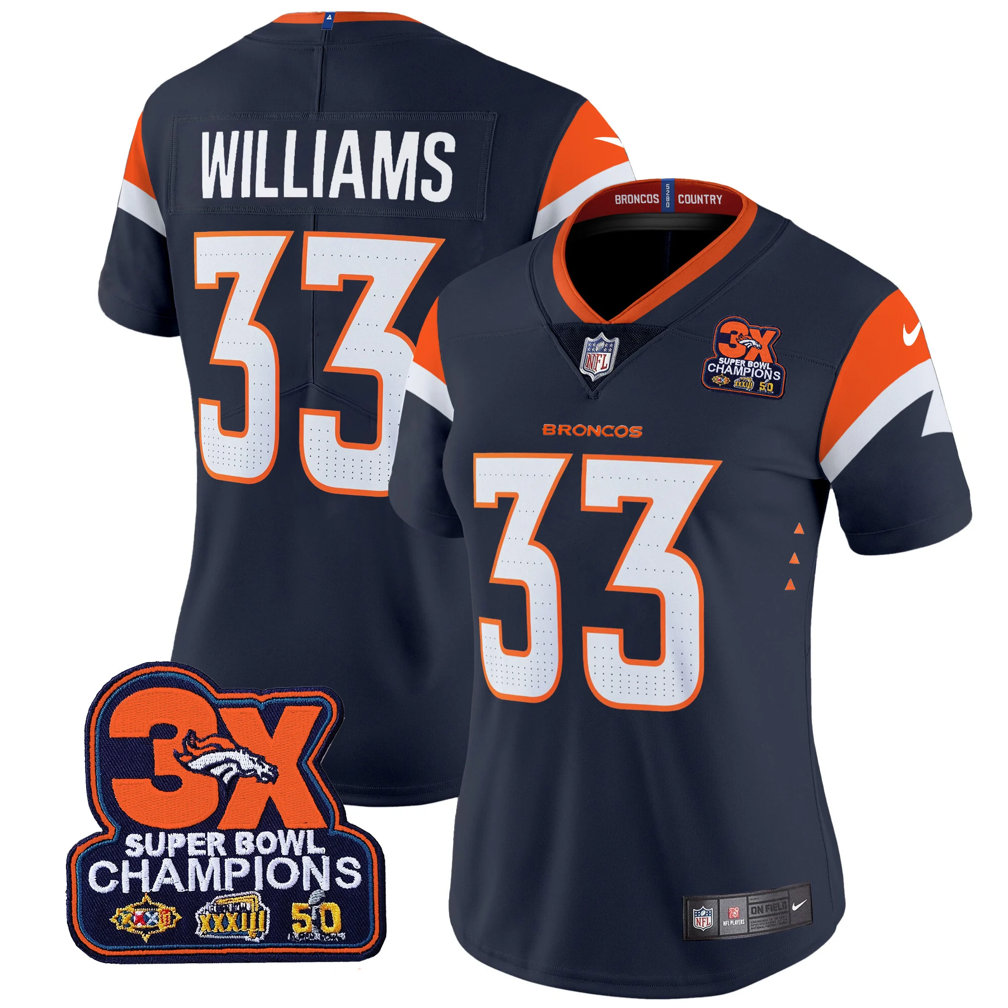 Womens Denver Broncos 3 Time Champions Patch Vapor Limited Jersey Javonte Williams Jersey Navy