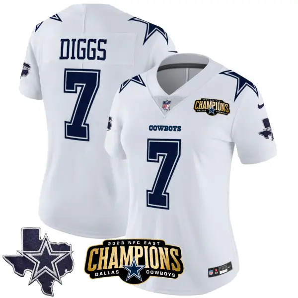 Womens Dallas Cowboys 2023 NFC East Champions Patch Vapor Jersey Trevon Diggs Jersey White