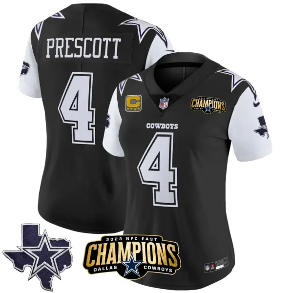 Womens Dallas Cowboys 2023 NFC East Champions Patch Vapor Jersey Dak Prescott Jersey Black