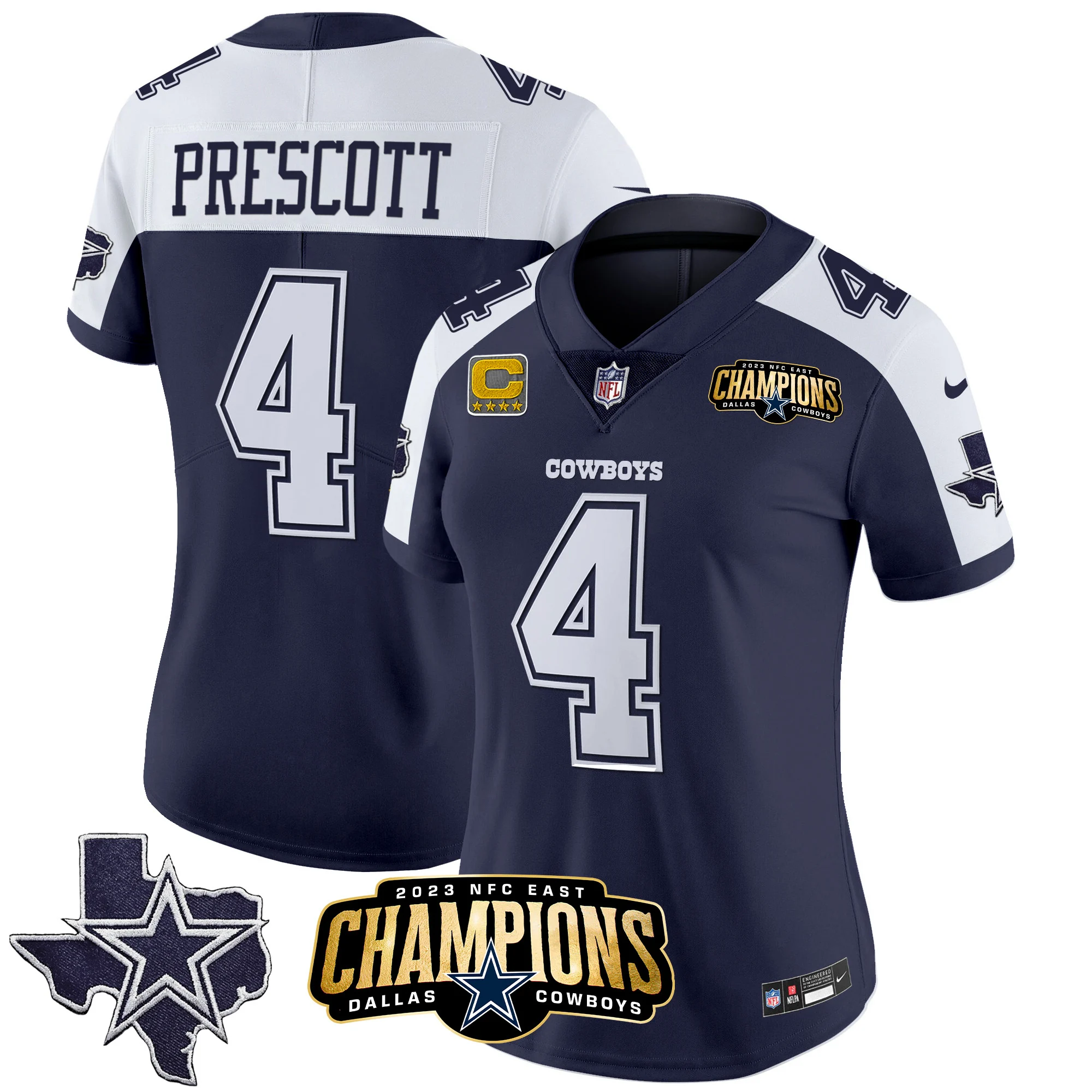 Womens Dallas Cowboys 2023 NFC East Champions Patch Vapor Jersey Dak Prescott Jersey Alternate Navy