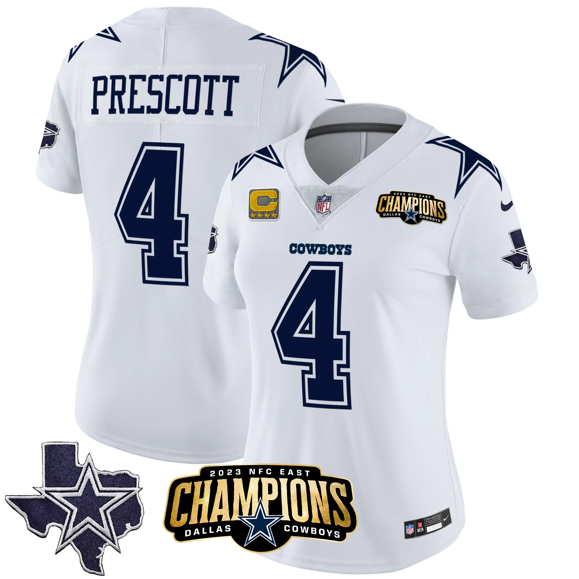 Womens Dallas Cowboys 2023 NFC East Champions Patch Vapor Jersey Dak Prescott Jersey White