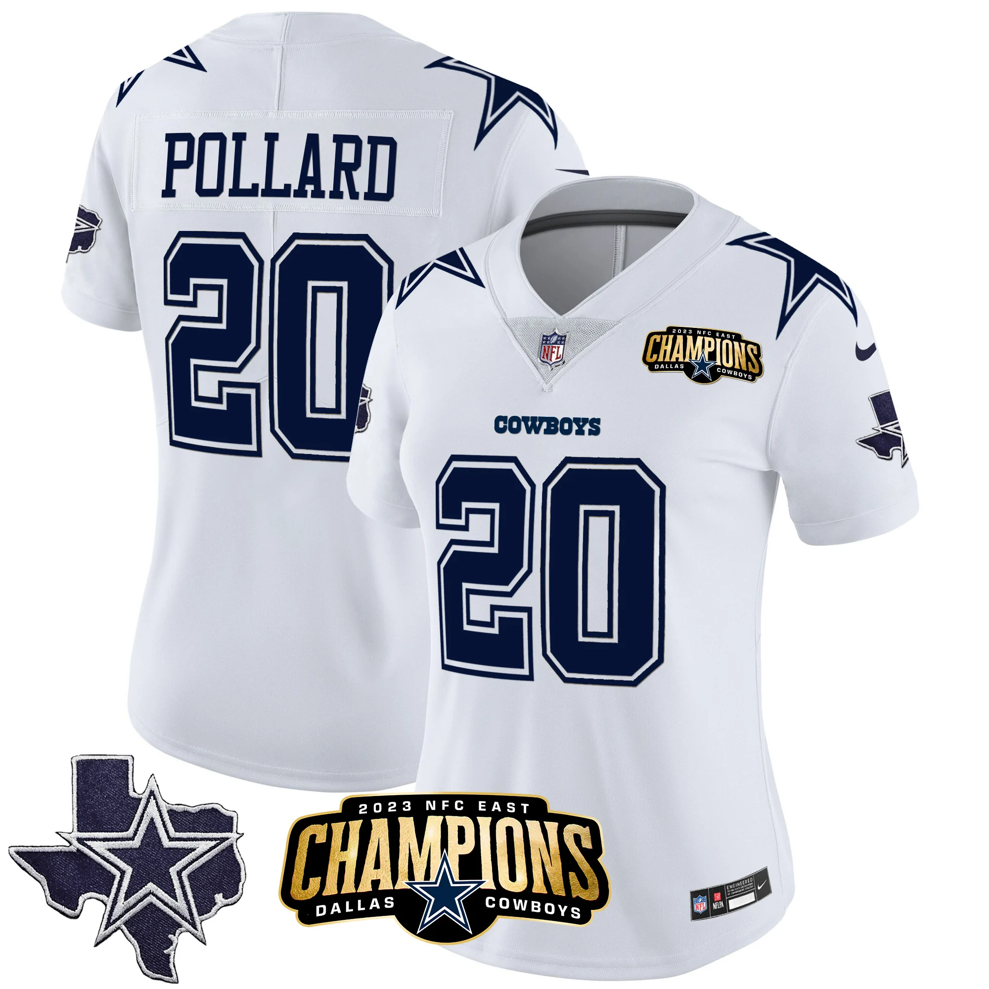 Womens Dallas Cowboys 2023 NFC East Champions Patch Vapor Jersey Tony Pollard Jersey White