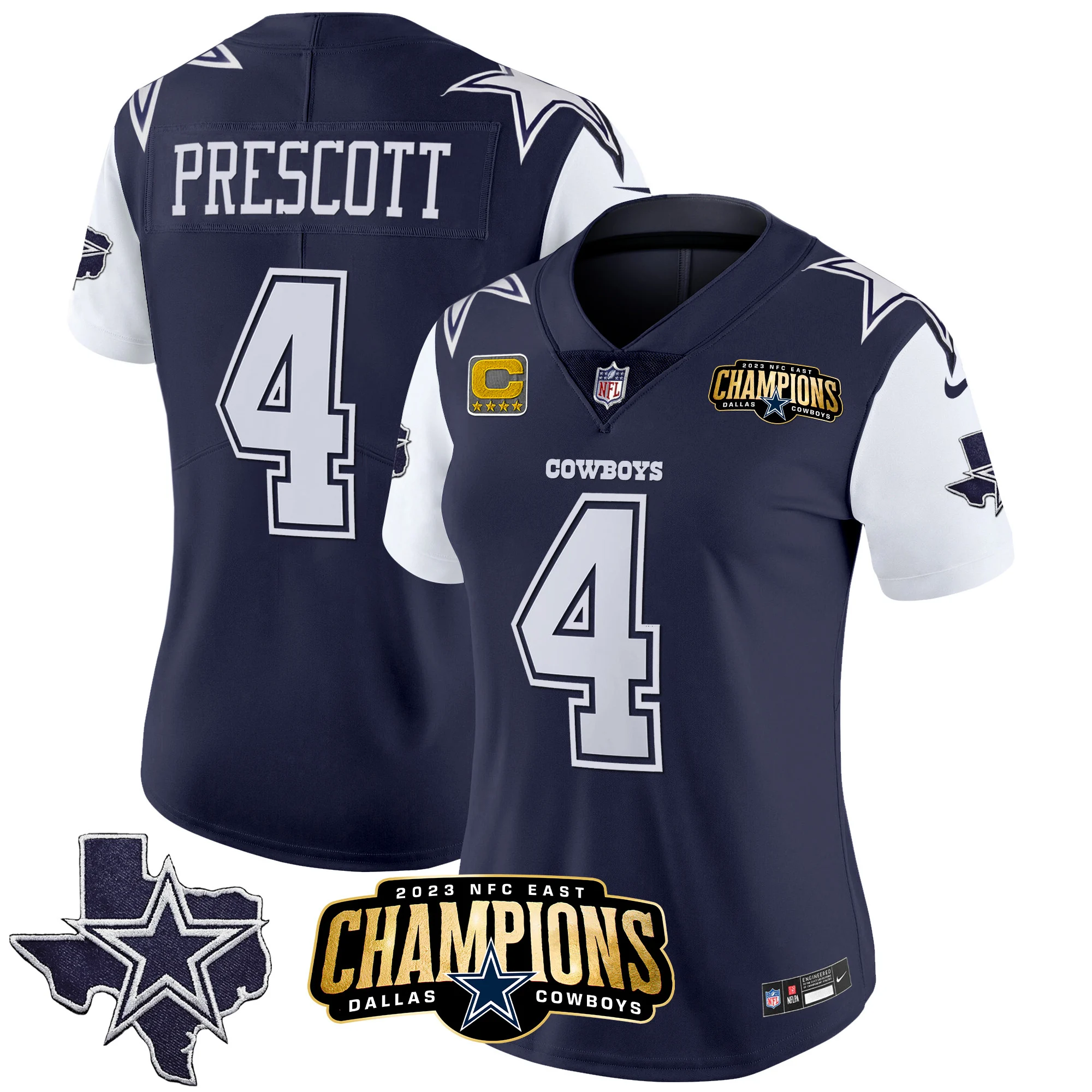 Womens Dallas Cowboys 2023 NFC East Champions Patch Vapor Jersey Dak Prescott Jersey Navy
