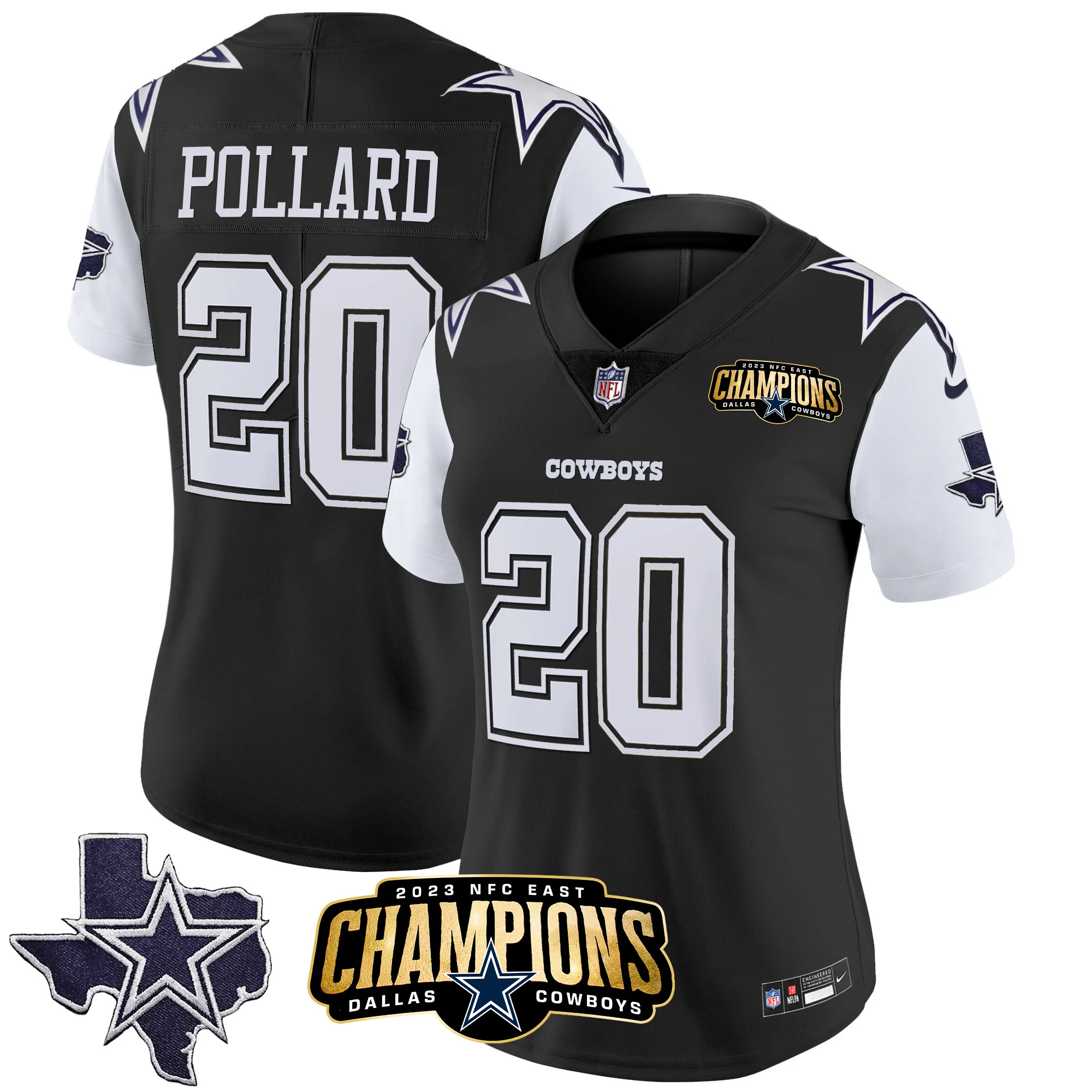 Womens Dallas Cowboys 2023 NFC East Champions Patch Vapor Jersey Tony Pollard Jersey Black