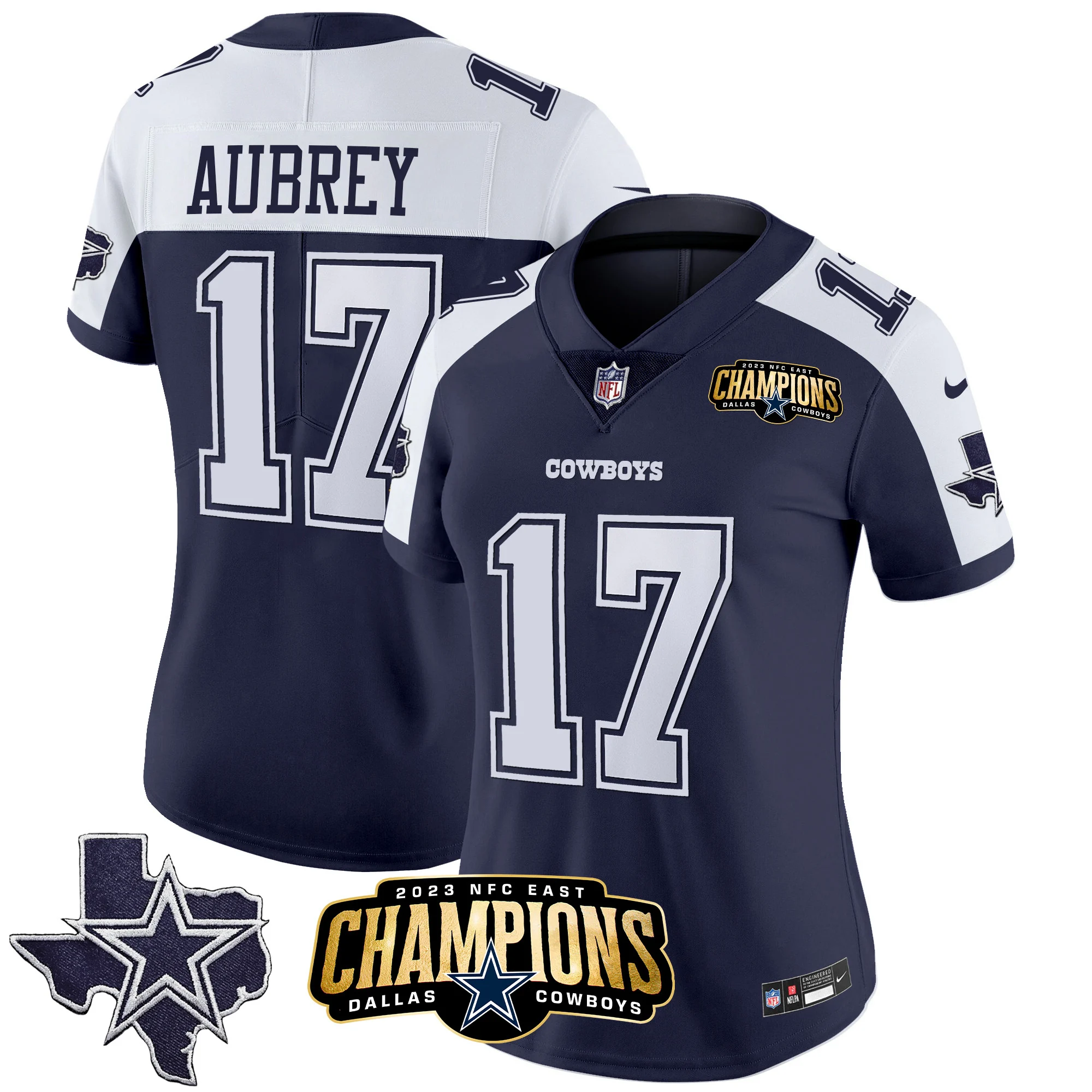 Womens Dallas Cowboys 2023 NFC East Champions Patch Vapor Jersey Brandon Aubrey Jersey Alternate Navy