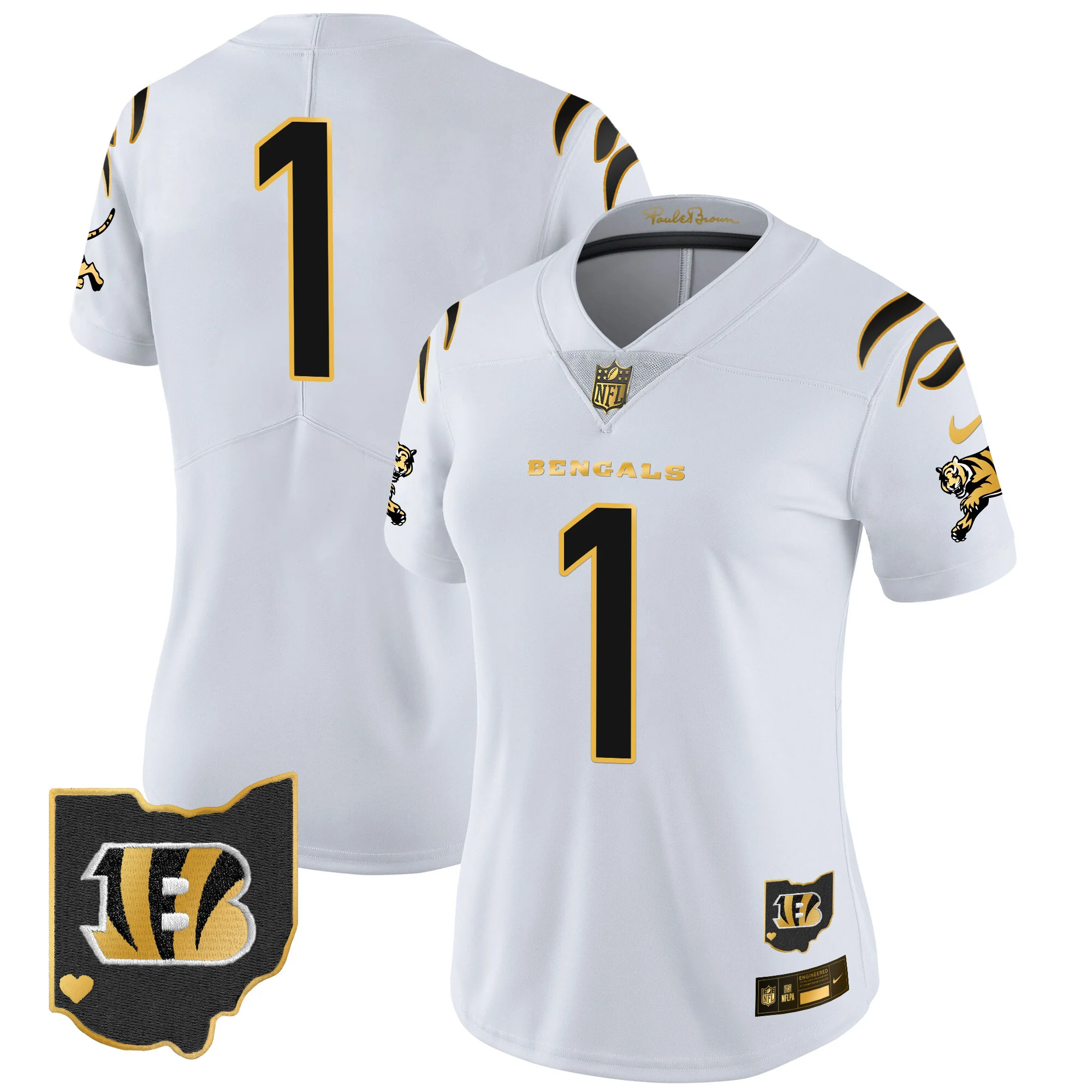Womens Cincinnati Bengals 2024 Gold Vapor Limited Jersey #1 Team Jersey White Gold