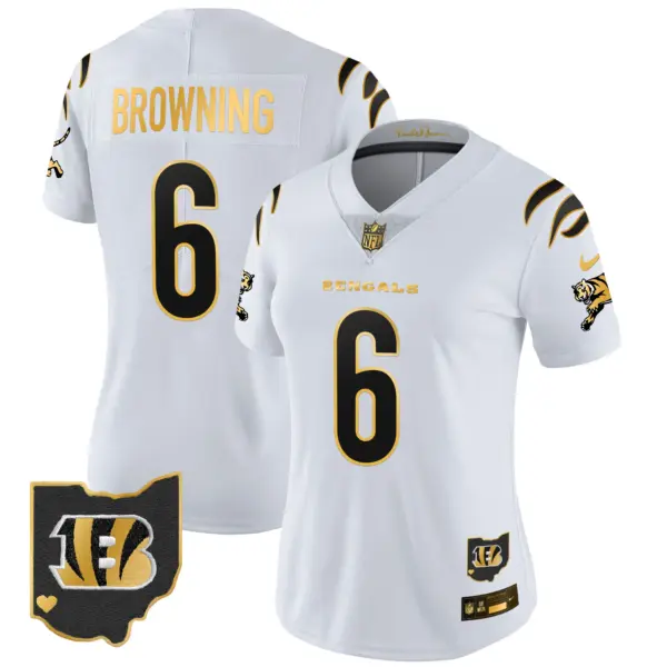 Womens Cincinnati Bengals 2024 Gold Vapor Limited Jersey Jake Browning Jersey White Gold