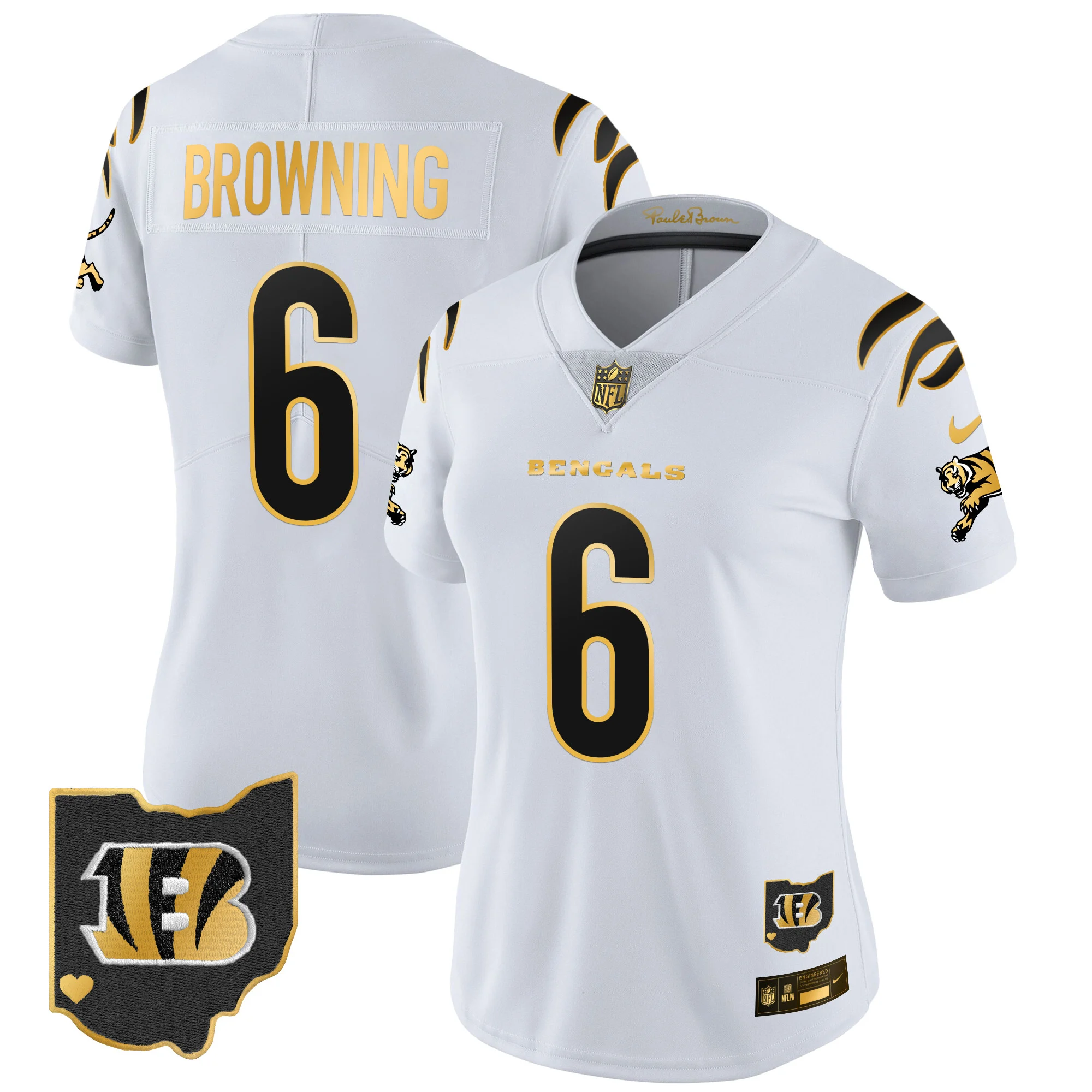 Womens Cincinnati Bengals 2024 Gold Vapor Limited Jersey Jake Browning Jersey White Gold
