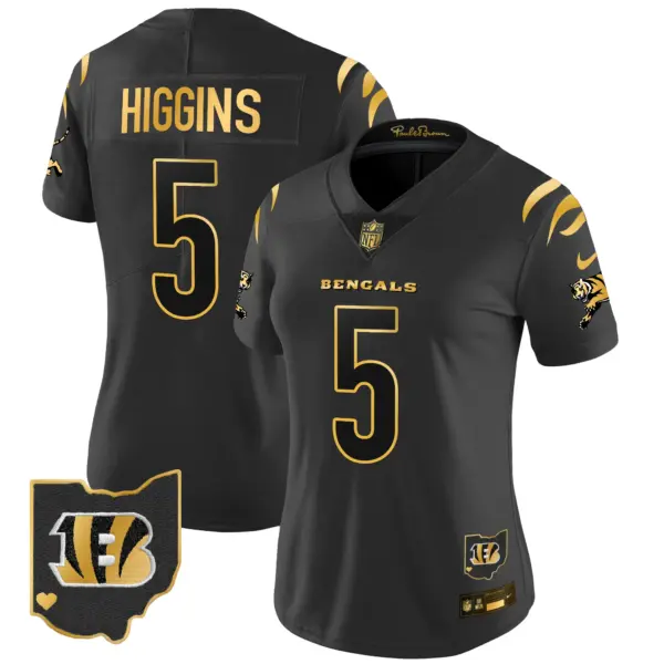 Womens Cincinnati Bengals 2024 Gold Vapor Limited Jersey Tee Higgins Jersey Black Gold