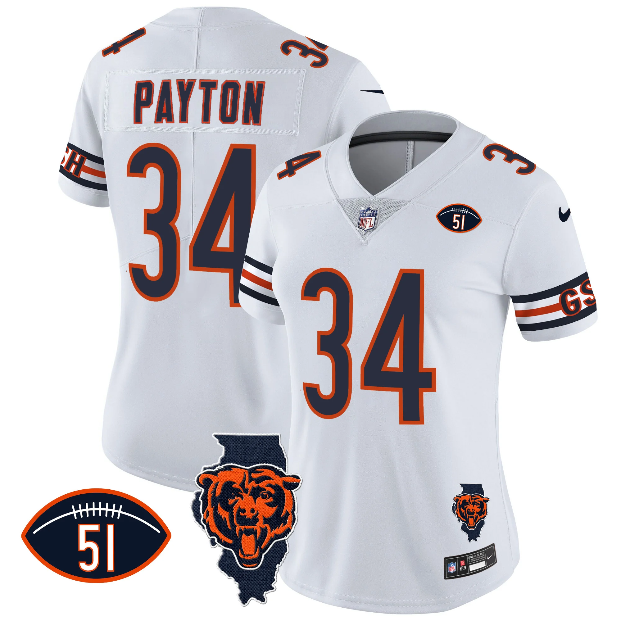 Womens Chicago Bears Illinois Patch Vapor Jersey Walter Payton Jersey White