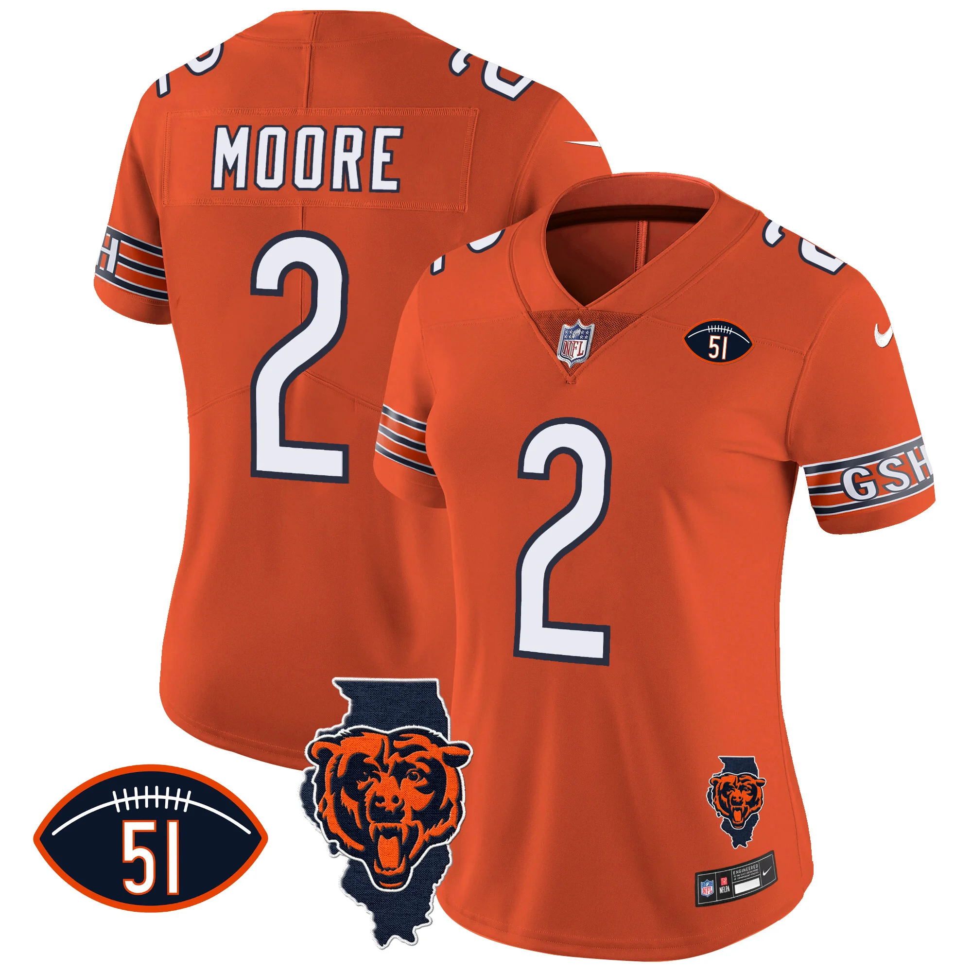 Womens Chicago Bears Illinois Patch Vapor Jersey DJ Moore Jersey Orange