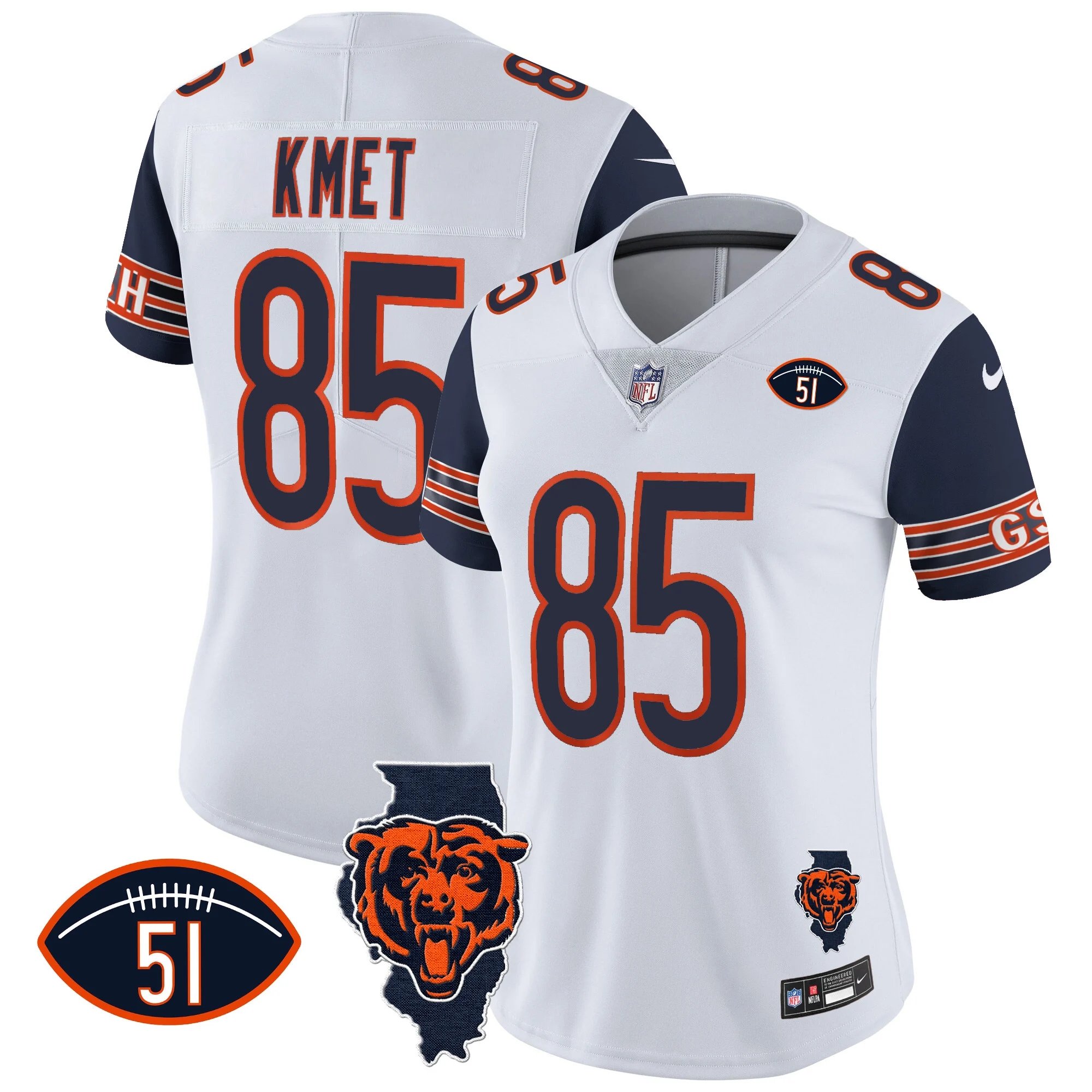 Womens Chicago Bears Illinois Patch Vapor Jersey Cole Kmet Jersey Navy Sleeves