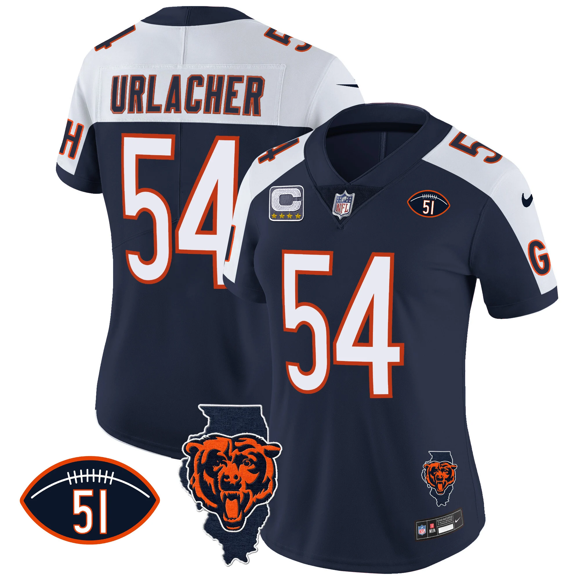 Womens Chicago Bears Illinois Patch Vapor Jersey Brian Urlacher Jersey Navy Alternate