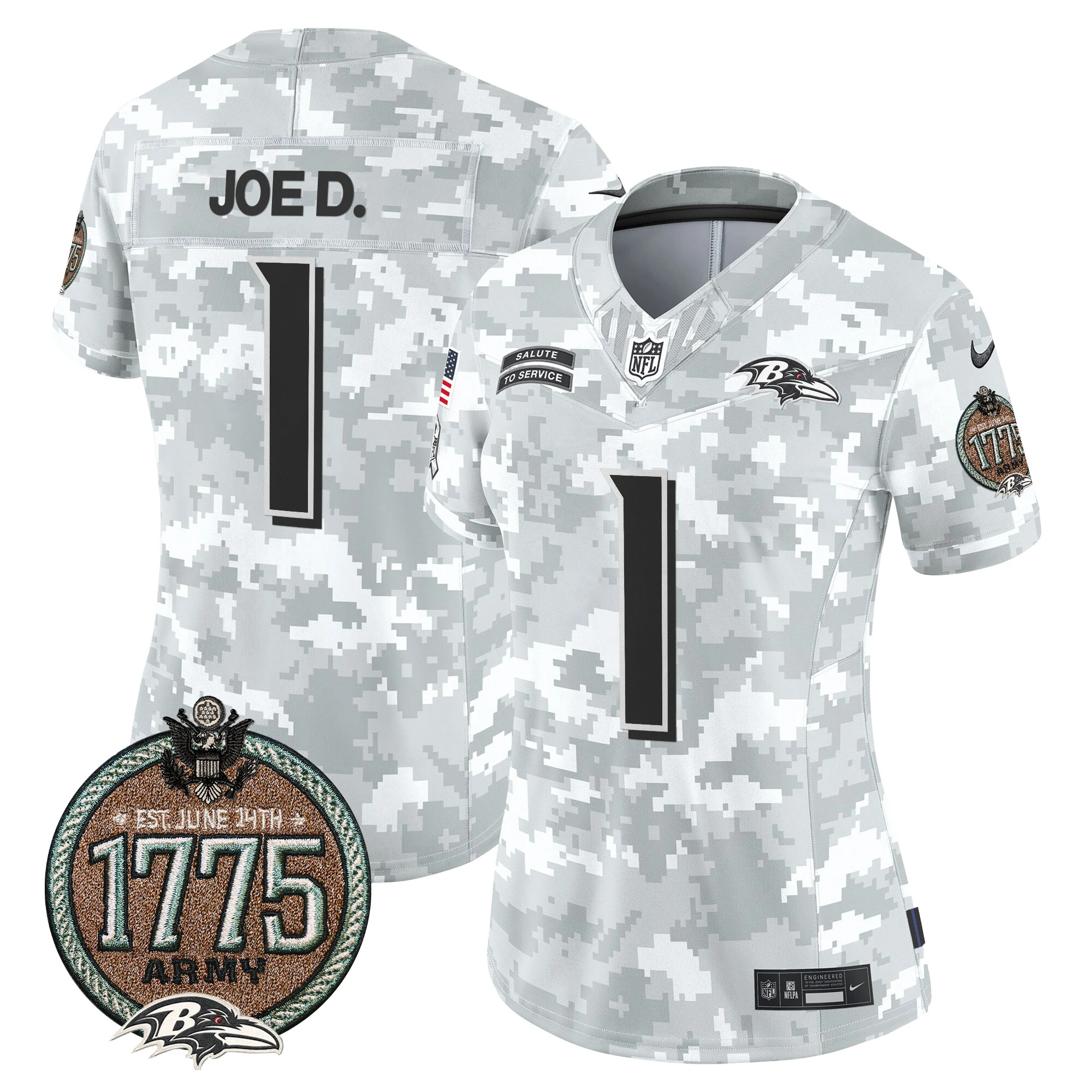 Womens Baltimore Ravens 2024 Salute To Service Establishment Year Patch Vapor Limited Jersey Joe D Jersey Army