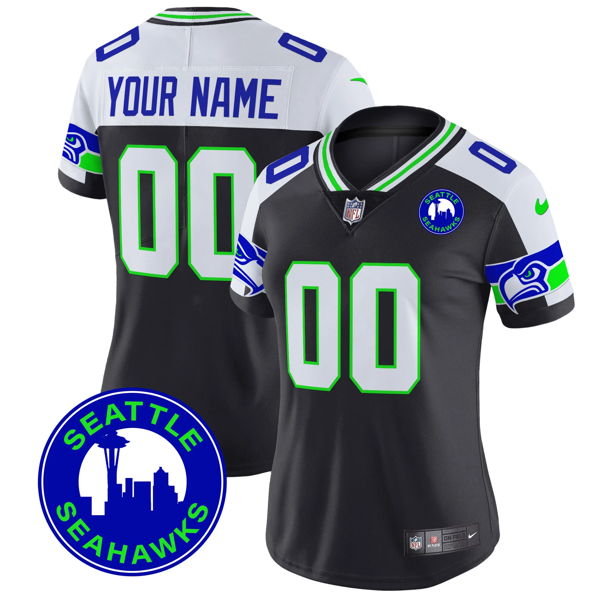 Women’s Seattle Seahawks 2024 Seattle City Patch Vapor Limited Custom Jersey Black Alternate