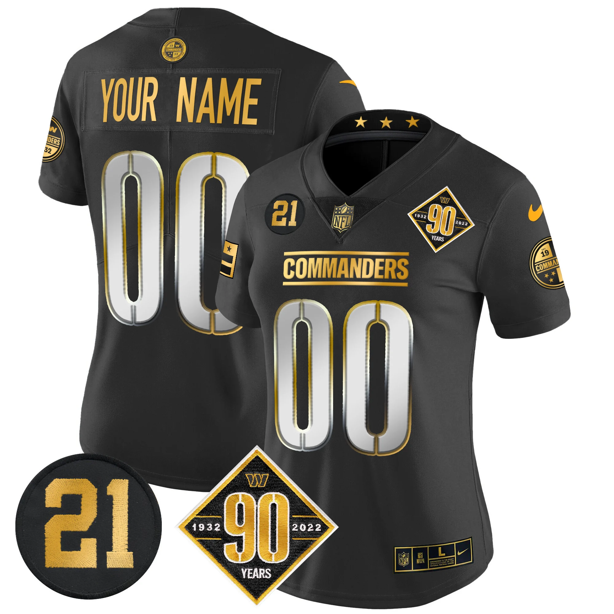 Women’s Washington Commanders 90Th Sean Taylor Patch Gold Vapor Limited Custom Jersey Black Limited
