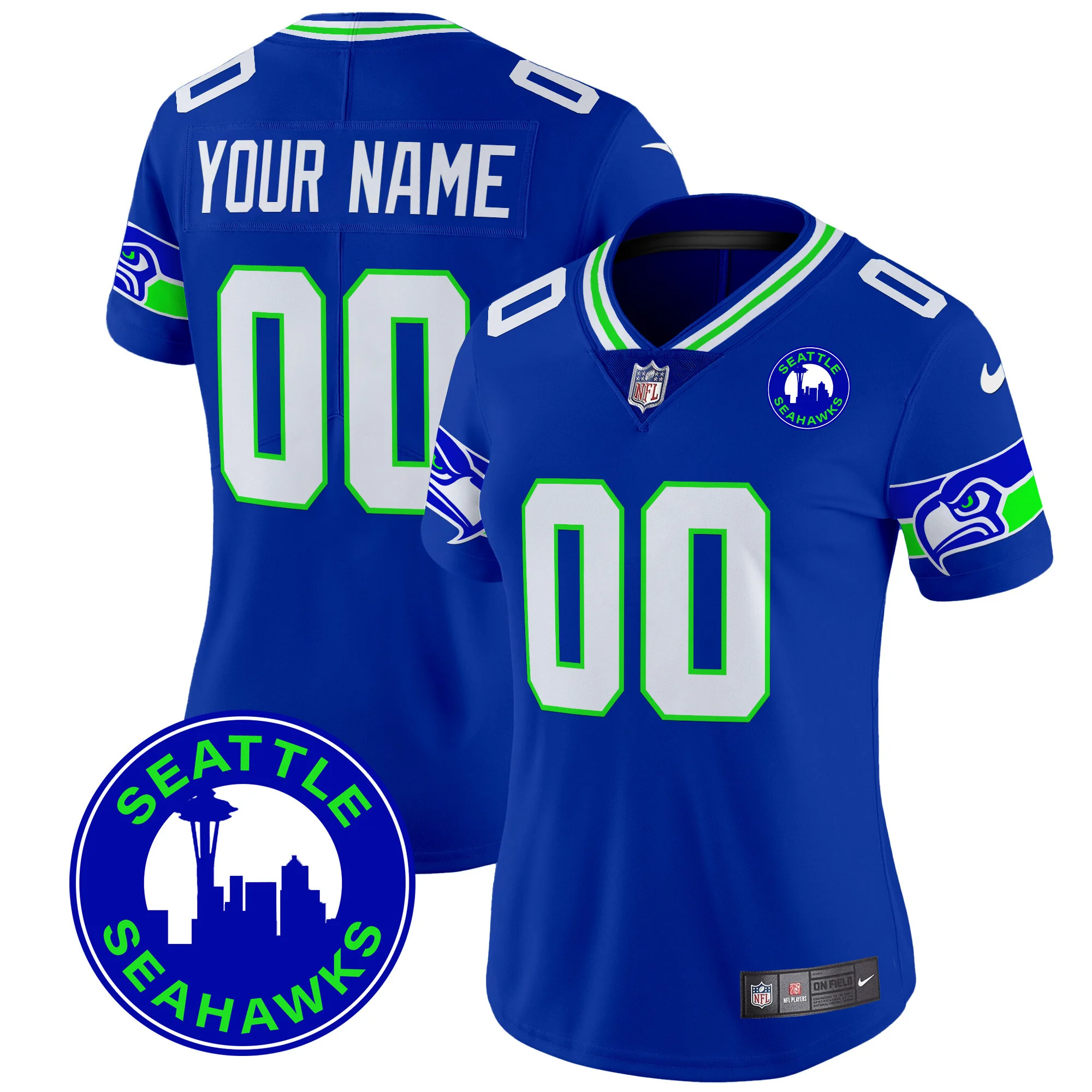 Women’s Seattle Seahawks 2024 Seattle City Patch Vapor Limited Custom Jersey Royal