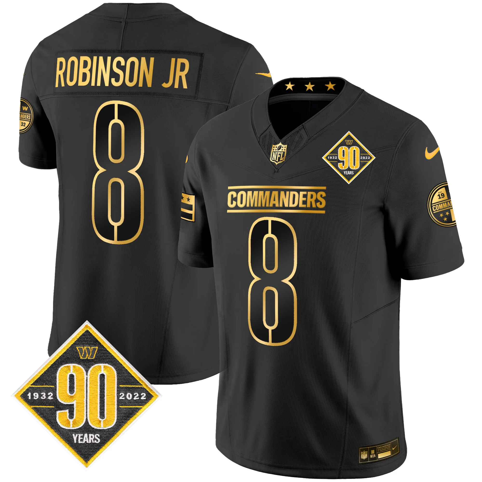 Mens Washington Commanders 90Th Anniversary Patch Gold Vapor Limited Jersey Robinson Jr Jersey Black Gold