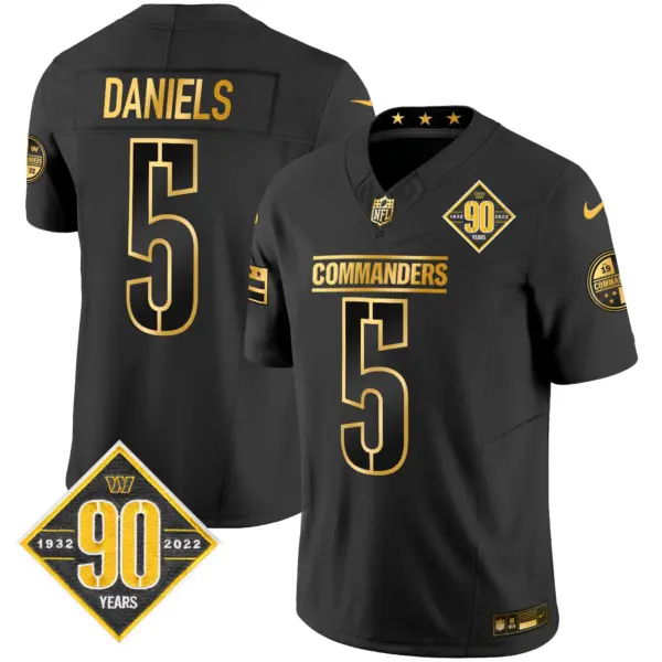 Mens Washington Commanders 90Th Anniversary Patch Gold Vapor Limited Jersey Jayden Daniels Jersey Black Gold