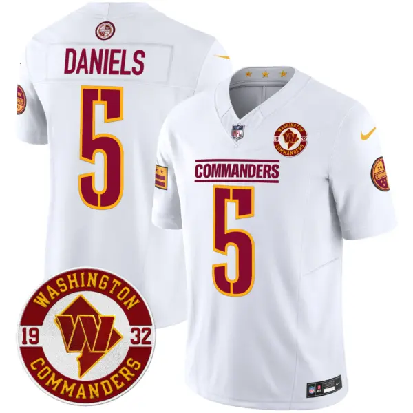 Mens Washington Commanders 2024 Vapor Limited Jersey Est 1932 Patch Jayden Daniels Jersey White