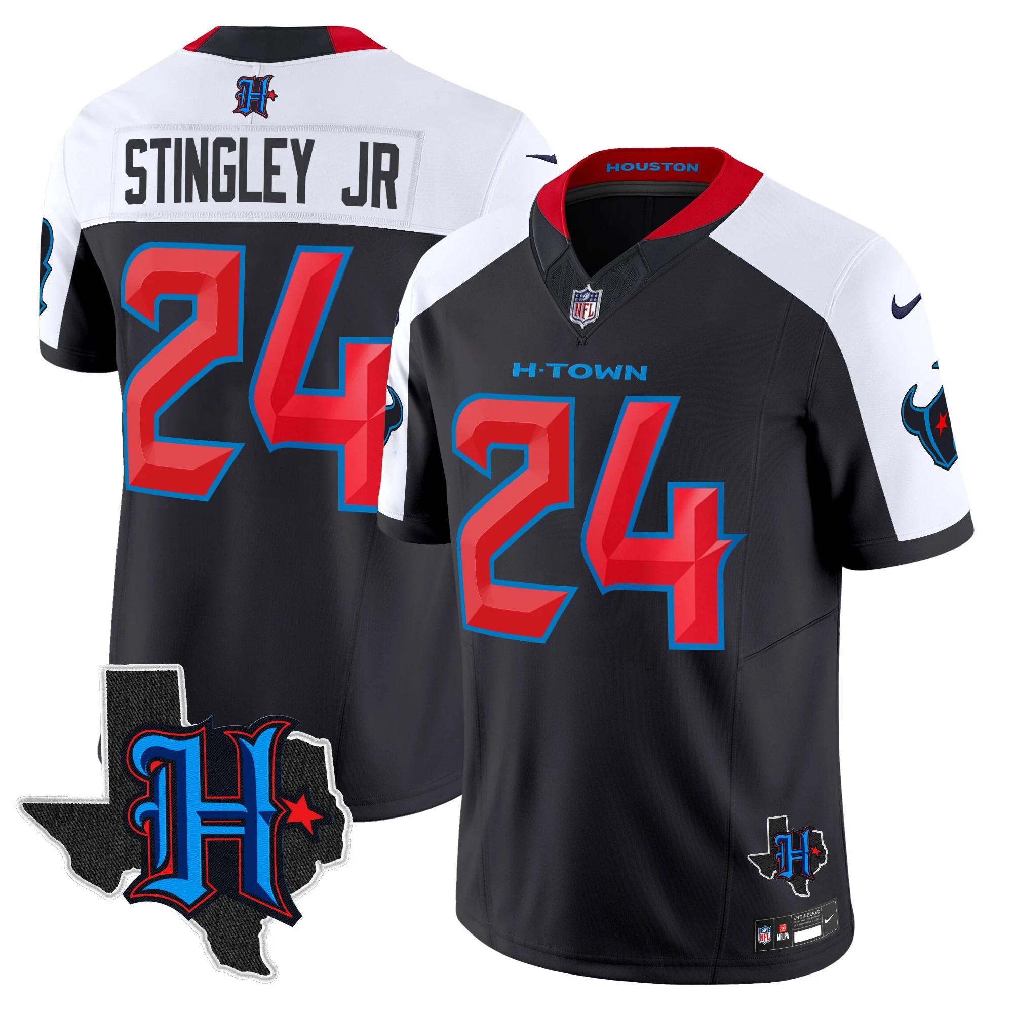 Mens Houston Texans 2024 Texas Patch Vapor Limited Jersey V2 Derek Stringley Jr Jersey Navy Alternate