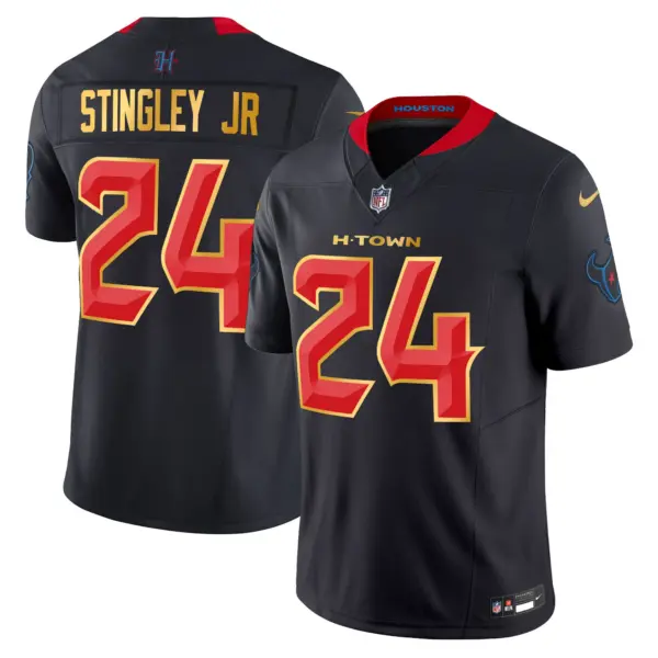 Mens Houston Texans 2024 Gold Trim Vapor Limited Jersey Derek Stringley Jr Jersey Navy Limited