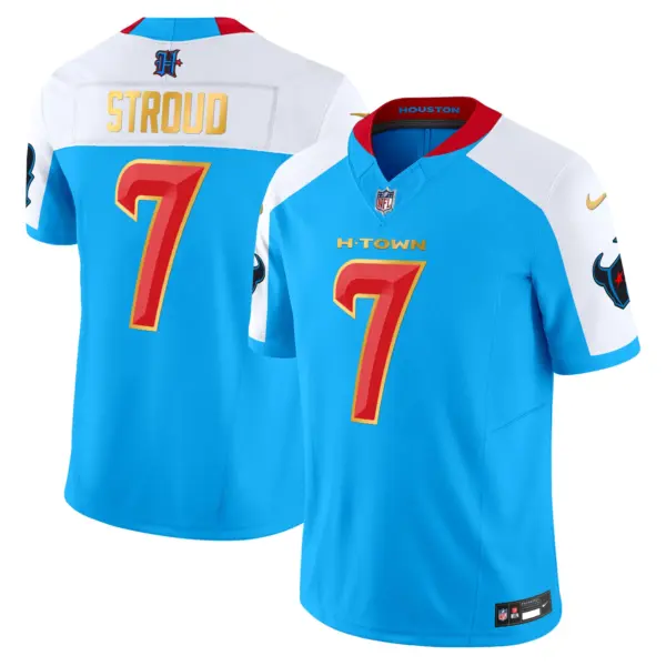 Mens Houston Texans 2024 Gold Trim Vapor Limited Jersey CJ Stroud Jersey Blue Alternate