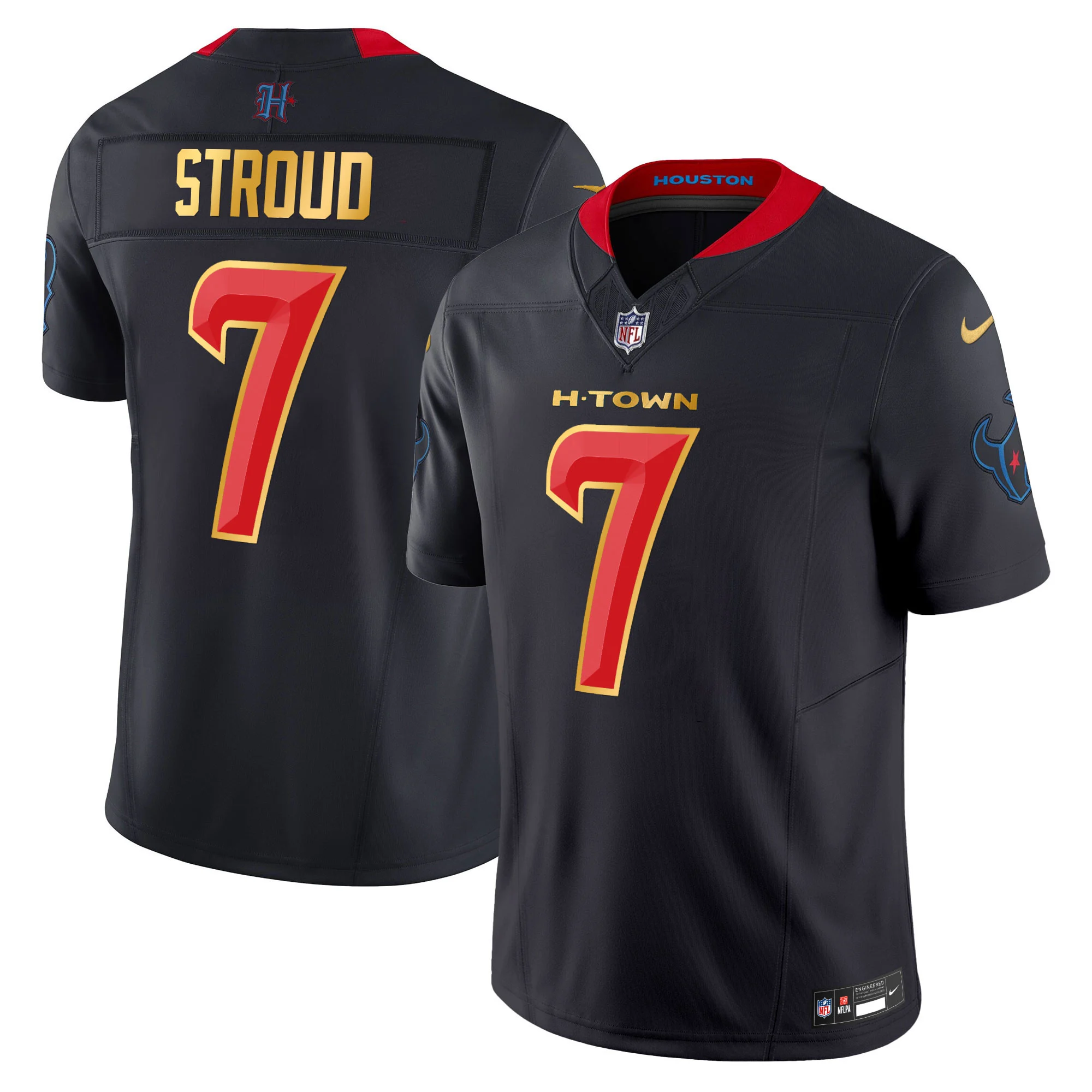 Mens Houston Texans 2024 Gold Trim Vapor Limited Jersey CJ Stroud Jersey Navy Limited
