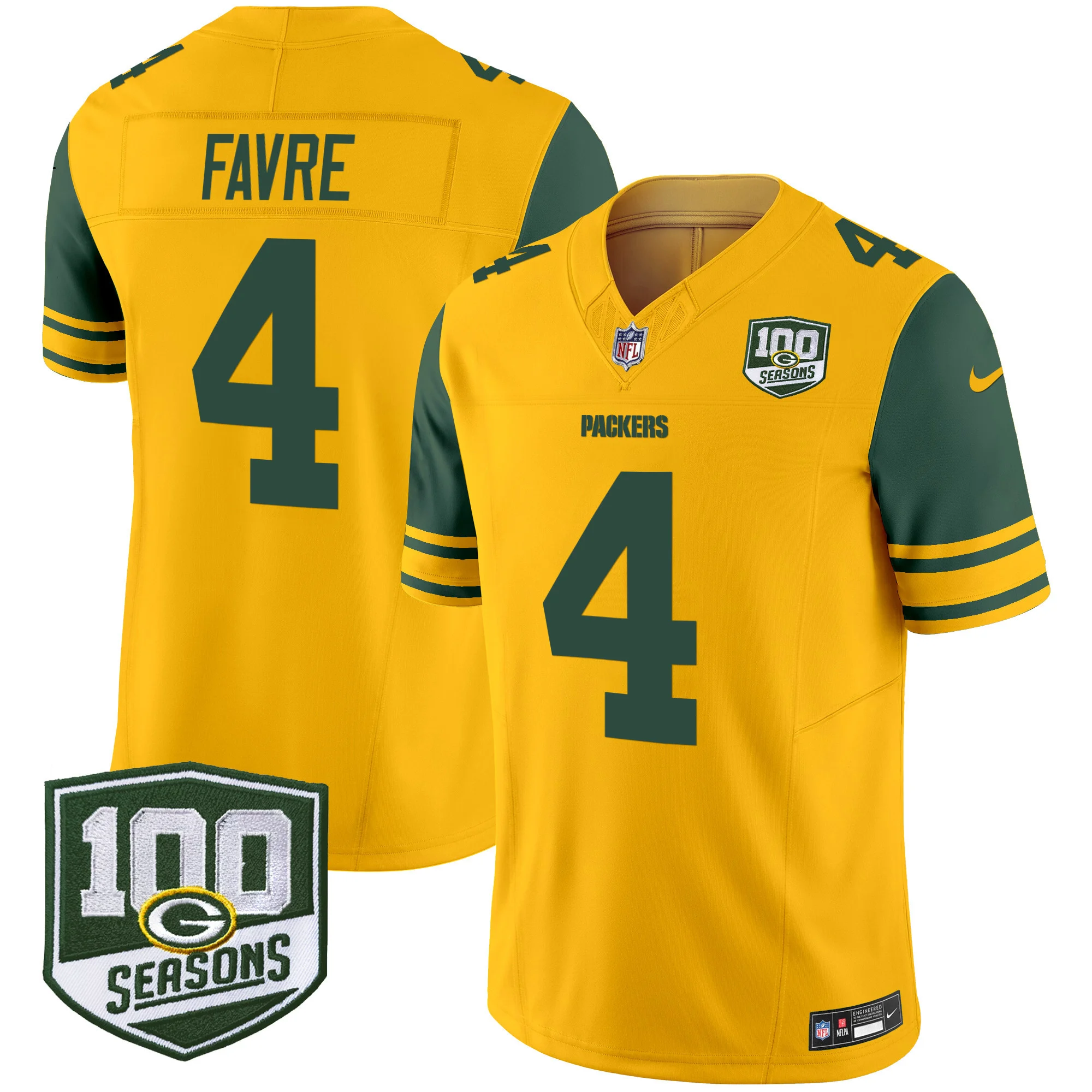 Mens Green Bay Packers Throwback 100Th Season Patch Vapor Limited Jersey Brett Favre Jersey Gold
