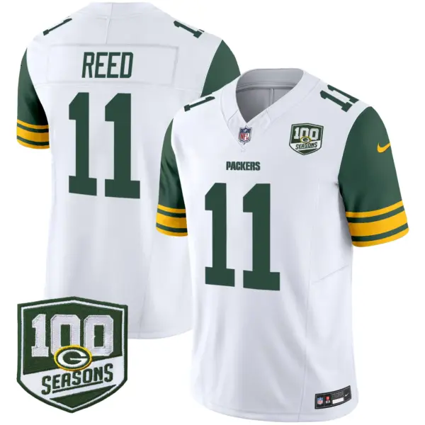 Mens Green Bay Packers Throwback 100Th Season Patch Vapor Limited Jersey Jayden Reed Jersey White