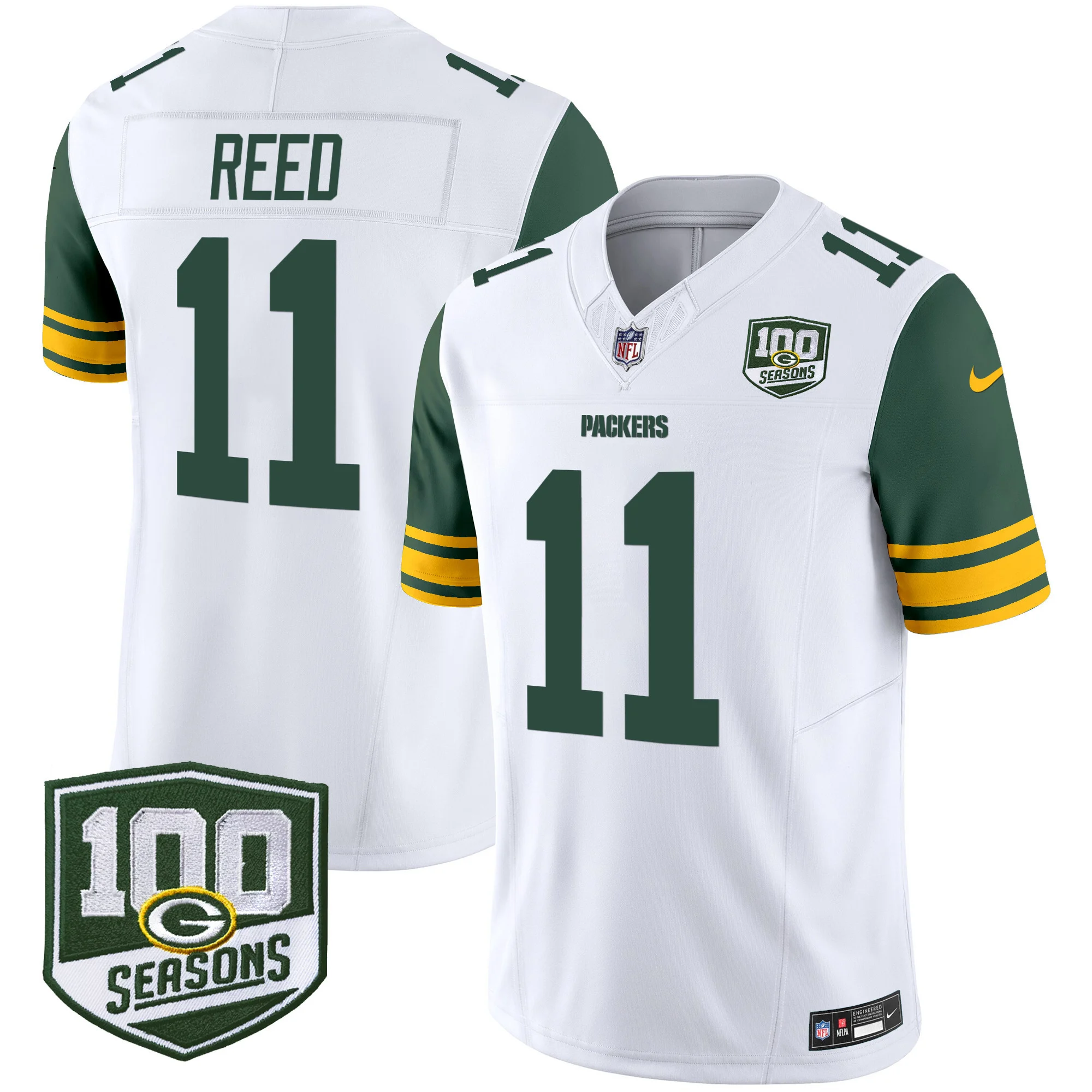 Mens Green Bay Packers Throwback 100Th Season Patch Vapor Limited Jersey Jayden Reed Jersey White
